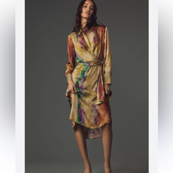 ANTHROPOLOGIE Tie-Waist Satin Shirt Dress in Multicolor Watercolor Print - Picture 2 of 4